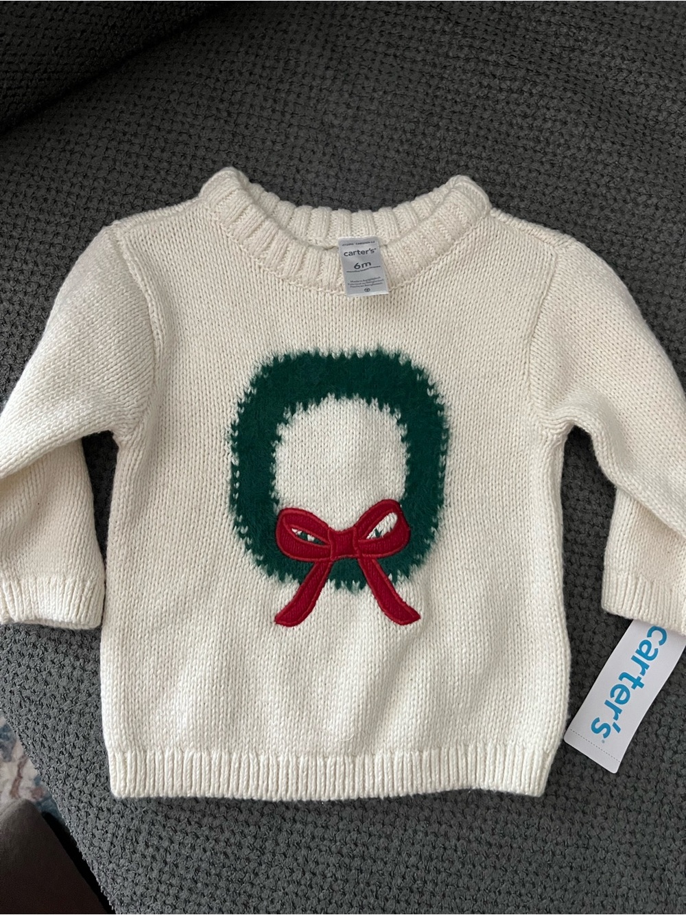 NWT Carter's Cream Baby Sweater with Green Wreath and Red Bow